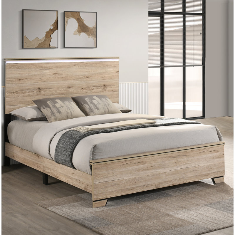 Farmhouse Rustic Panel Bed With LED Headboard, Queen, Oak