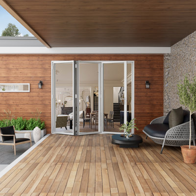96"W x 96"H Left Outswing Double Tempered Glass White Aluminum Folding Biofold Patio Door 3+0
