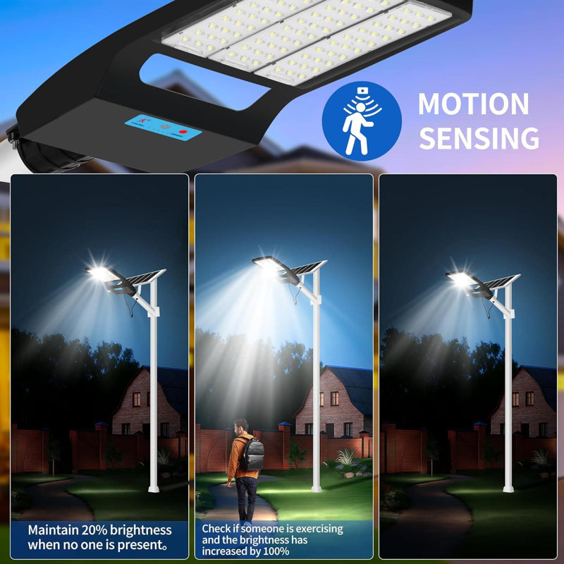 Réverbère solaire extérieur 20000LM avec capteur de mouvement et télécommande, étanche IP67, autonomie de 18H pour l'éclairage de sécurité du terrain de garage de l'allée