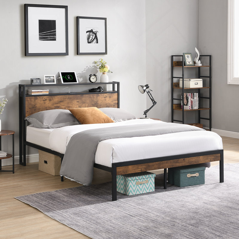 Structure de lit plateforme en métal avec tête de lit et pied de lit avec port USB, Roi