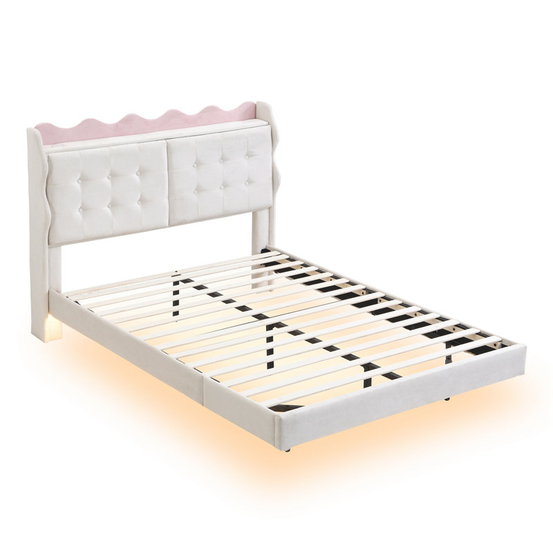 Lit plateforme tapissier avec rangement Lazarinka, Double, Beige