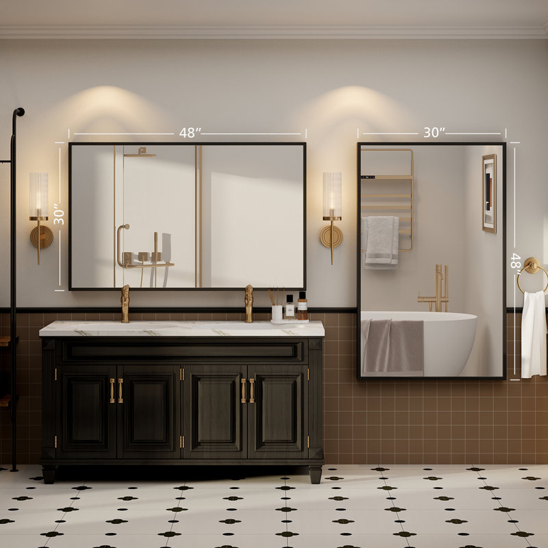 Molly Tempered Glass and Metal  Alloy Square-Corner Framed French Cleat Mounted Wall Bathroom / Vanity Mirror, 48" x 30"