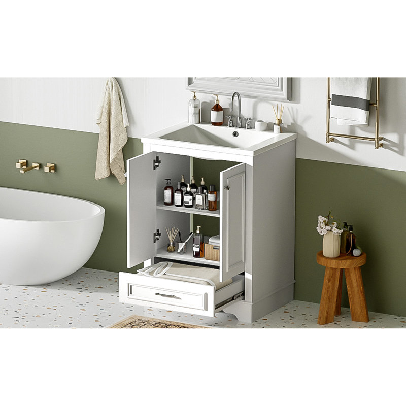 Meuble-lavabo de 61 cm avec lavabo en céramique, style contemporain, matériaux de qualité, rangement organisé, lavabo inclus, meuble fonctionnel