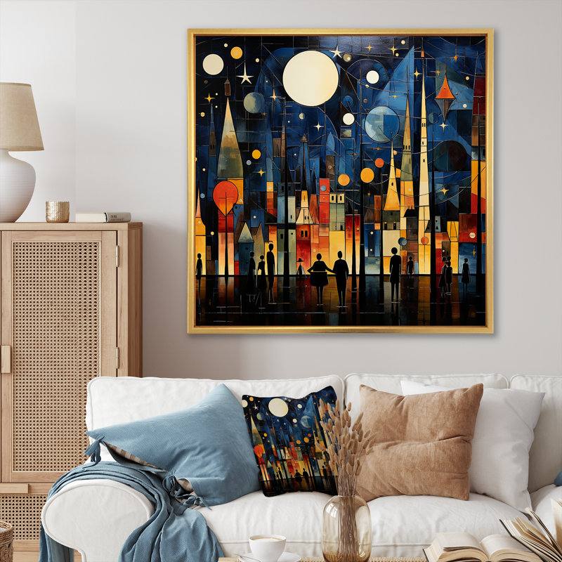 Collage de ville bleu et jaune au clair de lune II - art mural paysage urbain, Cadre flottant doré, 16" H x 16" W