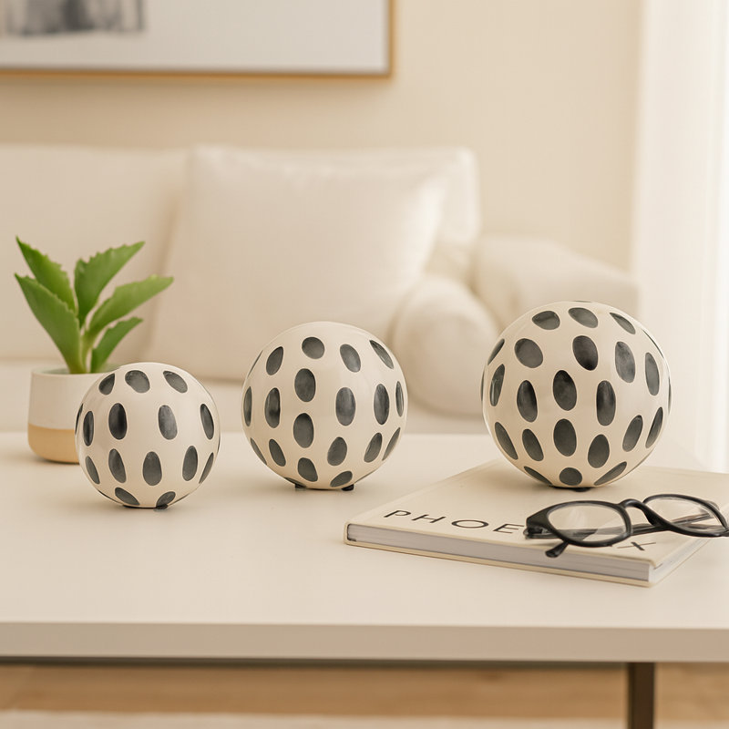 Orbs Stoneware Ceramic Modern Decorative Accent for Home Office Bedroom Living Room Set of 3 - 6", 5", 4" Black & White