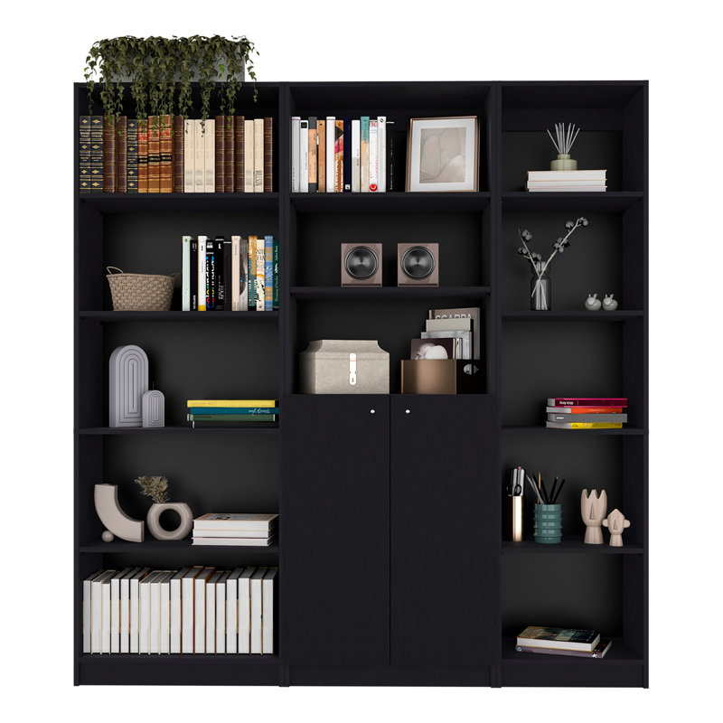 Ensemble de bibliothèque de salon noir à 3 tablettes: 4 tablettes minces et 2 portes pour un rangement diversifié démontrant une apparence agrégée: plusieurs apparences