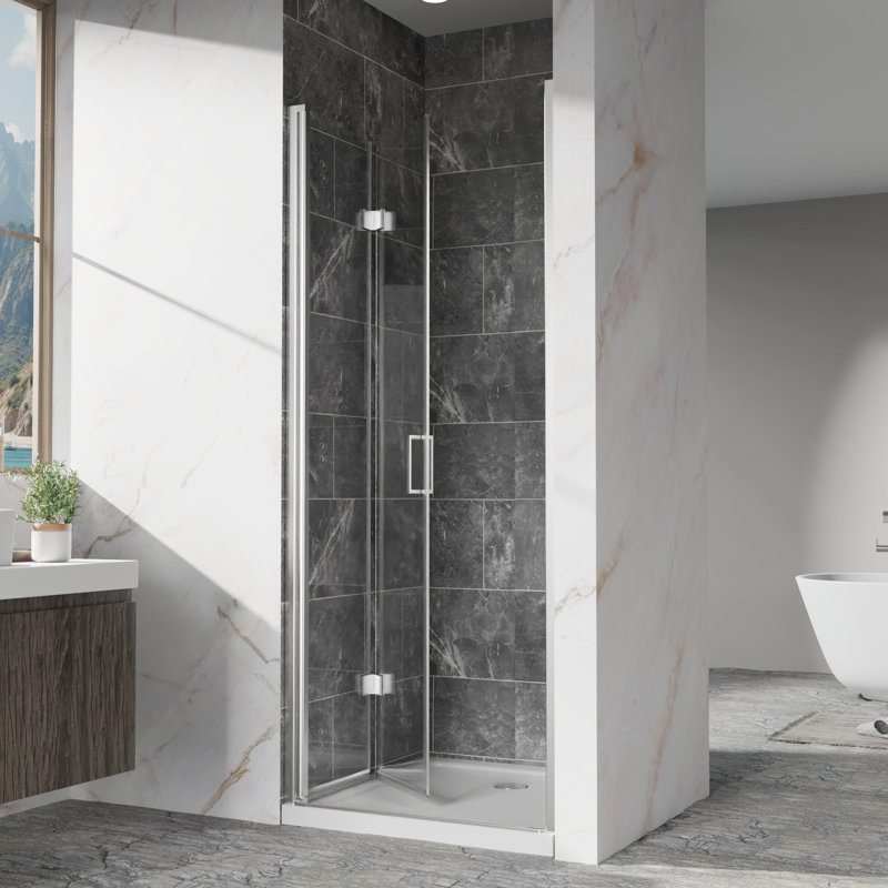 32 In. Wide Bi - Fold Pivot Glass Shower Door With Hardware, Easy Installation, And Pollution Coating 33 Inches Aluminum Frame, Reversible Water Stain Resistance