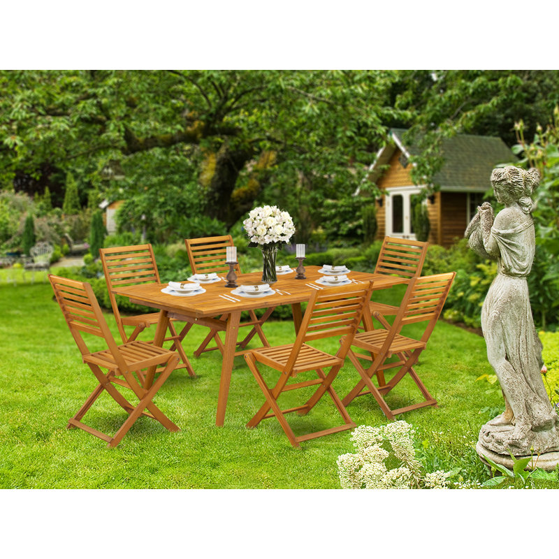 Ensemble de salle à manger 7 pièces pour patio composé d'une table d'extérieur rectangulaire en bois d'acacia et de 6 chaises d'appoint pliantes, 40 x 72 pouces, huile naturelle