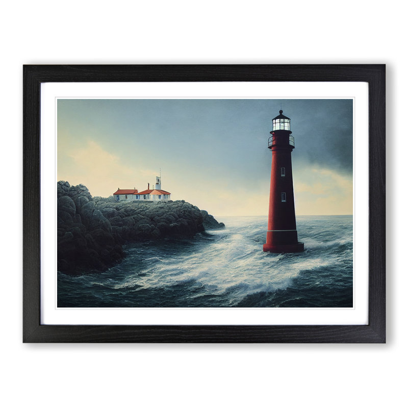 Dramatic Lighthouse - Single Picture Frame Print, 46cm H x 64cm W x 2cm D, Black Framed