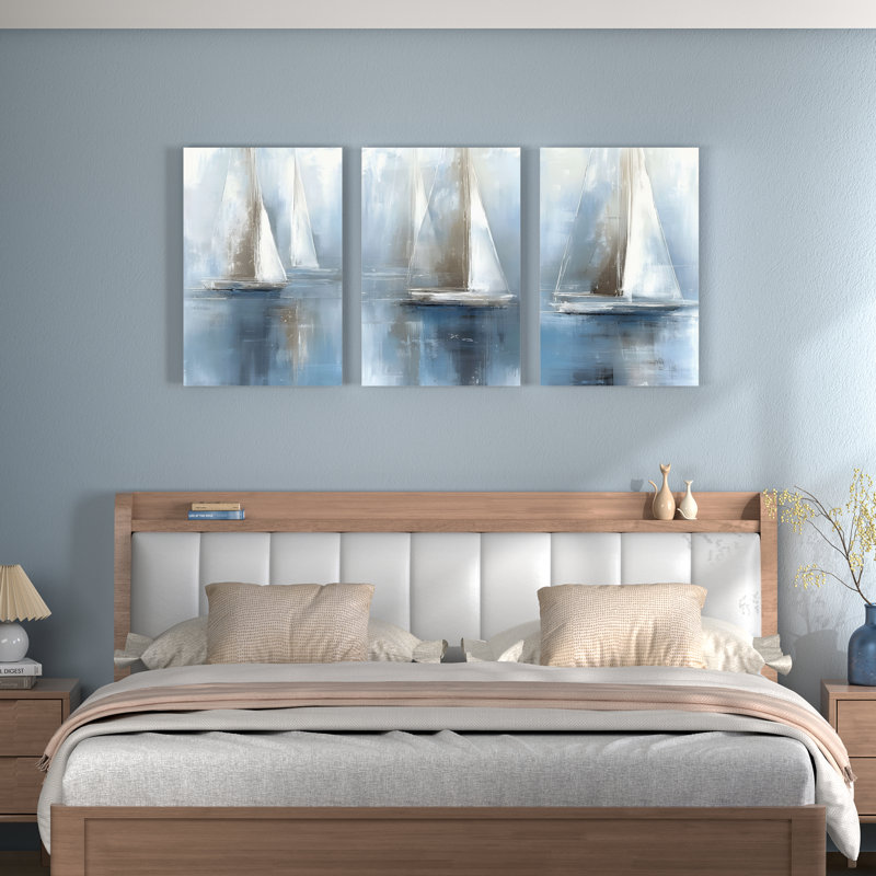Tableau abstrait sur toile représentant la silhouette d'un voilier (lot de 3), H 36 po x l 72 po
