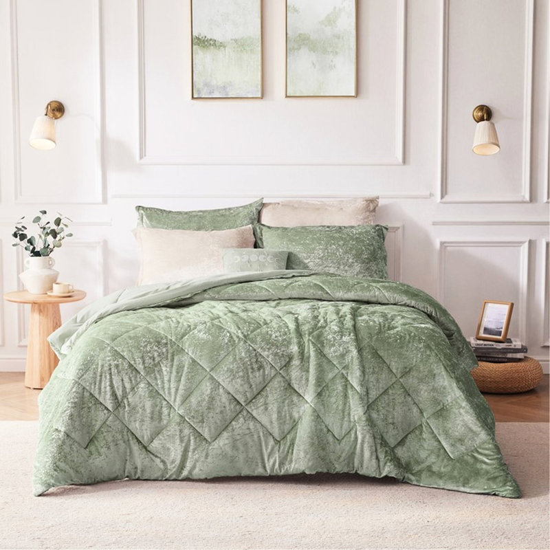 Couette en velours pour très grand / très grand lit - 4 pièces avec 2 taies décoratives et coussin décoratif, housse de courtepointe à motif de losanges avec attaches intérieures