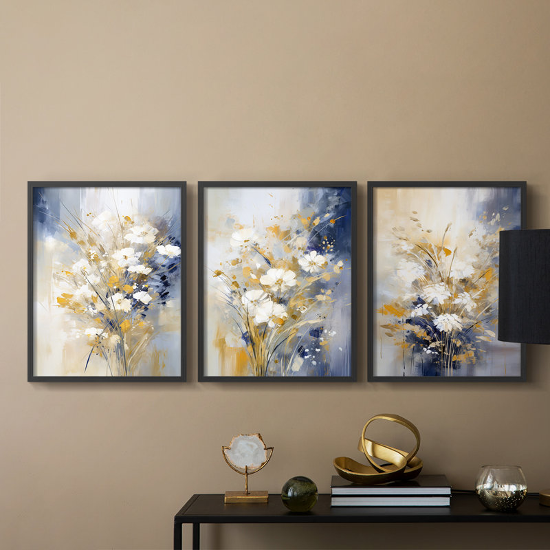 Étude florale, série XC III, ensemble de 3 estampes numériques, prêt à accrocher, Noir, noir, noir, noir, H 10 po x l 24 po