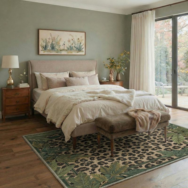 Alissa Lushmark Animal Print Leopard Foliage Machine Washable Green / Brown / Black Indoor Area Rug with Non-Slip Backing