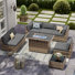 Ensemble de conversation de patio en rotin de 7 pièces jaune avec table de foyer au propane, ensemble de mobilier de patio modulaire en acier toutes saisons, 4 chaises sans accoudoirs + 2 canapés d'angle + table basse + table de foyer à gaz pour terrasse, cour arrière, porche