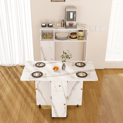 Multifunctional Extendable Folding Dining Table With Wheels, Movable Drop Leaf Dining Table With Wall-Mounted Sideboard & Storage, Space Saving Rectangle Collapsible Table For Small Apartments, Kitchen, Living Room, White