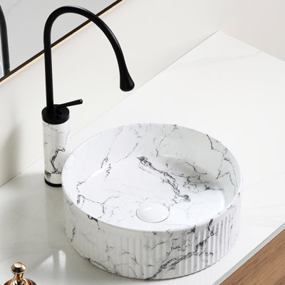 Vasque ronde pour salle de bain, 37,2 cm (L) x 37,2 cm (l) x 12,7 cm (H), marbre noir et blanc, robinet et bonde, système de filtration des débris pour un débit d'eau régulier. Vasque en céramique de 37,2 cm x 37,2 cm x 12,7 cm avec robinet, résistant à la chaleur.
