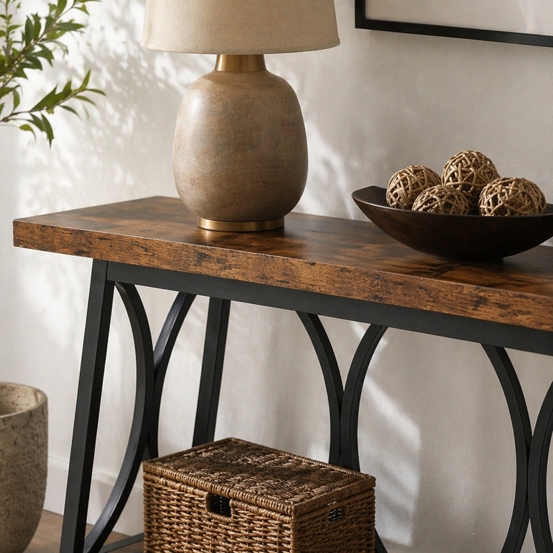 Console industrielle extra longue 70,9 po, canapé-lit étroit derrière le canapé avec tablettes de rangement à 2 niveaux, table d'appoint pour l'entrée et le couloir pour le salon, brun rustique avec structure en métal noir