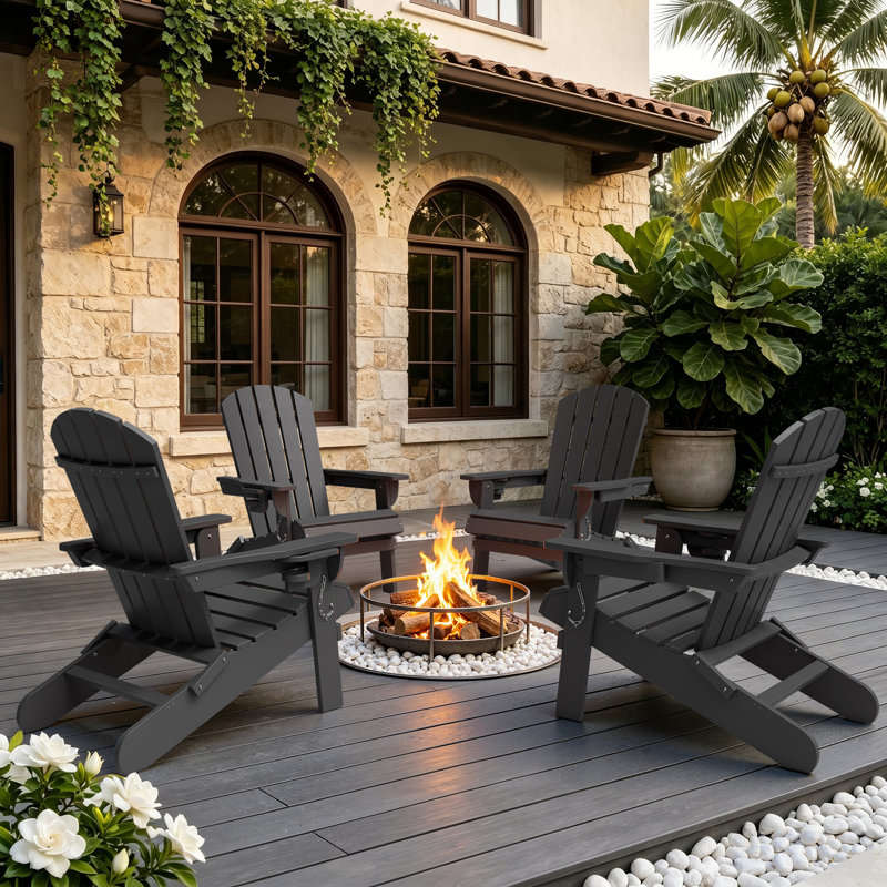  Outdoor HDPE Foldable Adirondack Chair Set, Black
