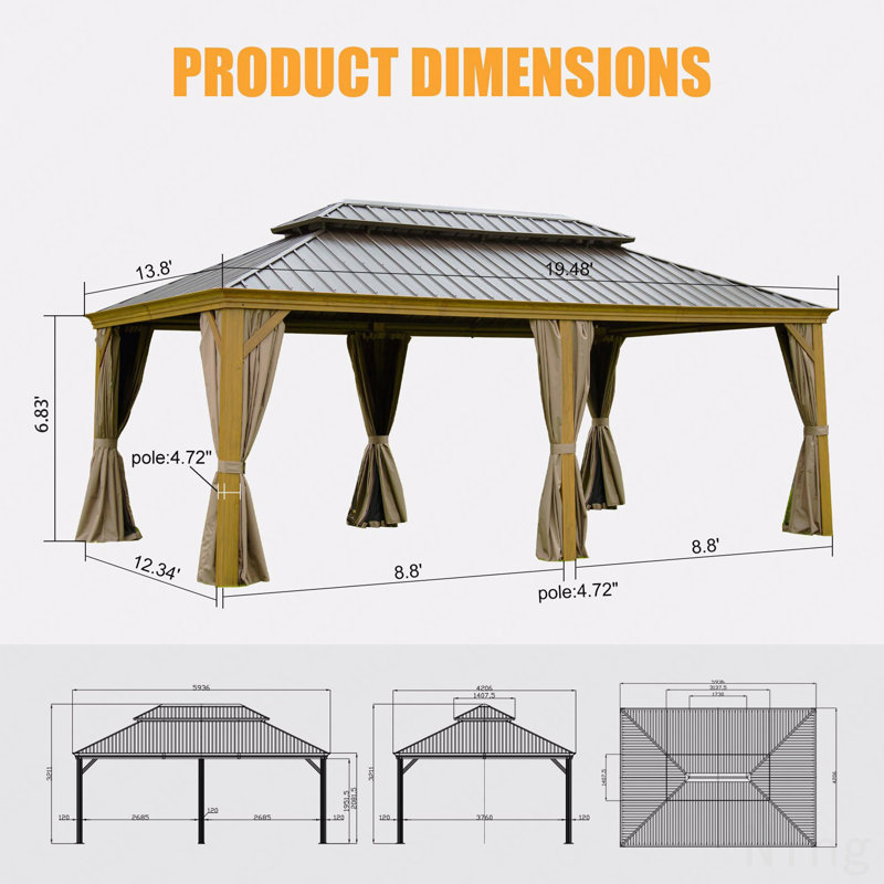 14X20FT Gazebo Aluminum, Mosquito Net For Outdoor Use With Galvanized Steel Double Roof (Wood-Looking), Light Gray