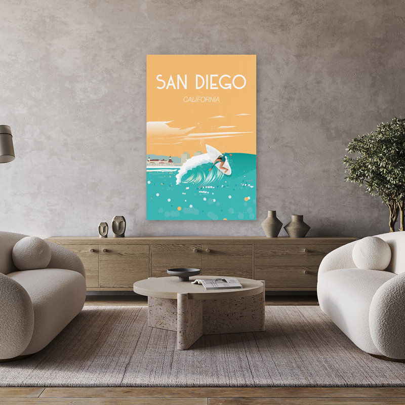San Diego - Adventure Beach - art californien bleu, H 48 po x l 32 po