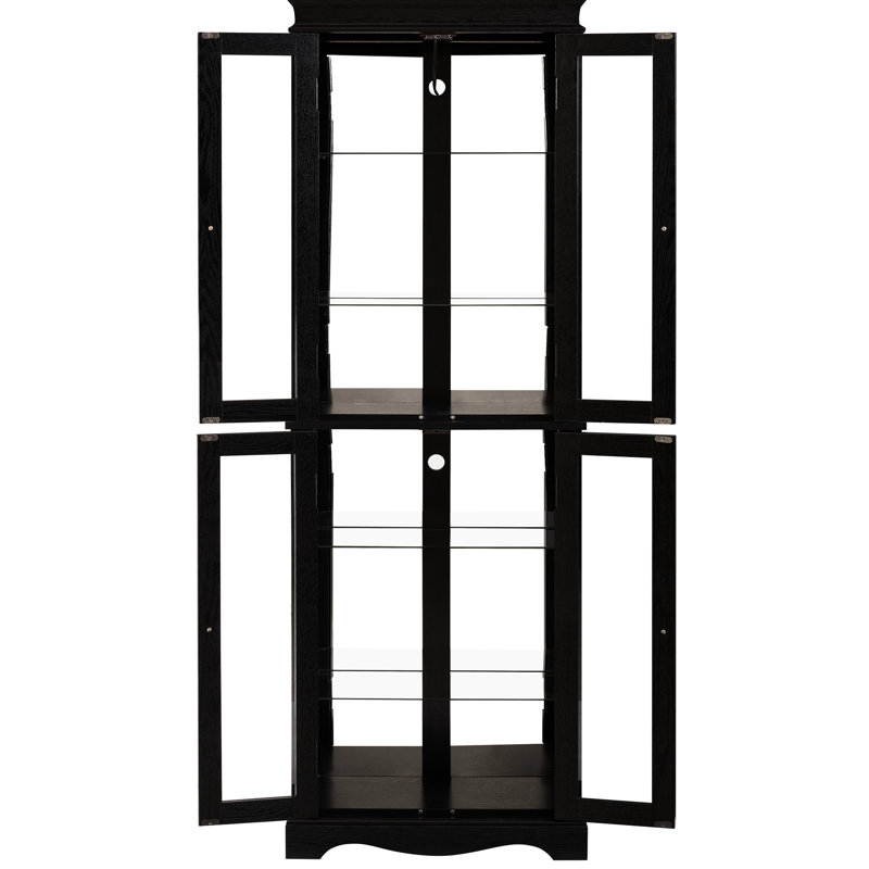 Glass Curio Display With Adjustable Shelves, Built - In Ambient Lighting, Six Tier Layout For Wine And Treasures Living Areas, Black Movable Partition, Square Top Design, Collectible Showcase Room,