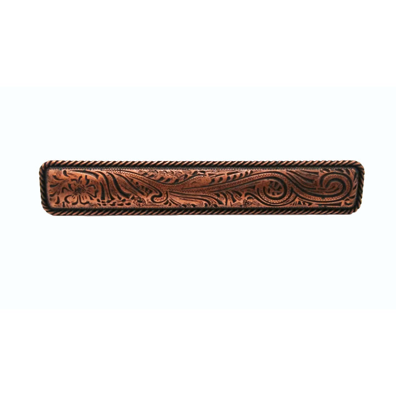 Poignée barre 3 15/16" engravee fleur pour centre, Cuivre OX