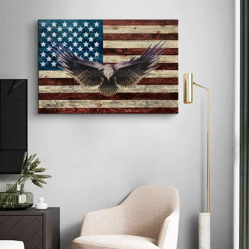 «Rustic Wood», drapeau américain, aigle géométrique, toile murale 24 x 16 pouces, décoration murale, jour commémoratif
