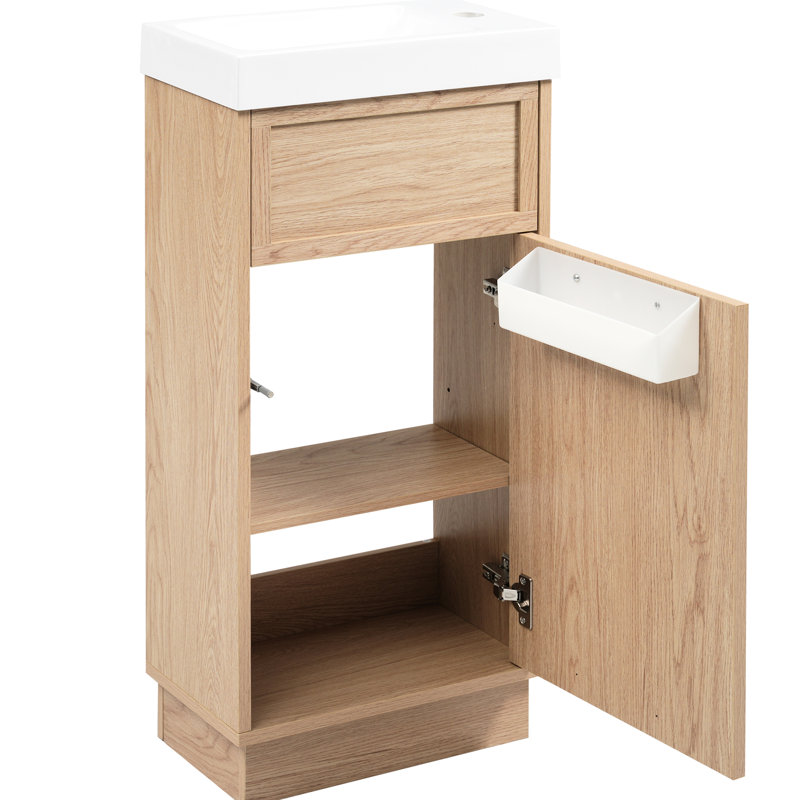 Meuble-lavabo de style rustique 15,38 po pour salle de bain avec lavabo réversible en résine, tablette réglable, porte à pousser, fonction de fermeture en douceur, aménagement de petit espace avec finition grain de bois