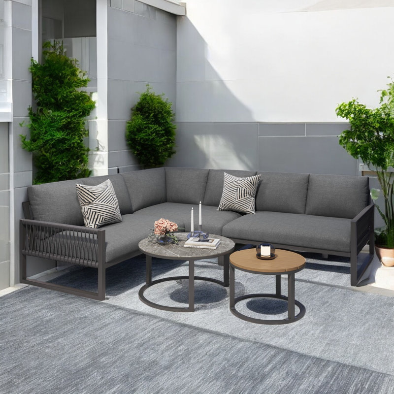 Outdoor Conversation Sets For 6-7 People With Galvanized Iron Frame Corner Sofa, Grey/Black