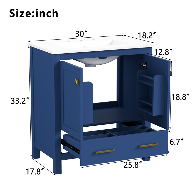 30" Solid Wood Single Bathroom Vanity with Ceramic Sink