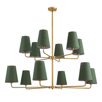 Abbiney 12-Light Dimmable Tiered Classic / Traditional Chandelier With Tapered Green Linen Fabric Shades