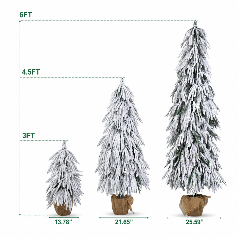 Pre-Lit Flocked Christmas Tree Set of 3, 3FT / 4.5FT / 6FT Artificial Christmas Trees with 235 Warm White & Multi-Colour LED Lights, 11 Modes, Rustic Burlap Pot Base for Holiday Home Decor