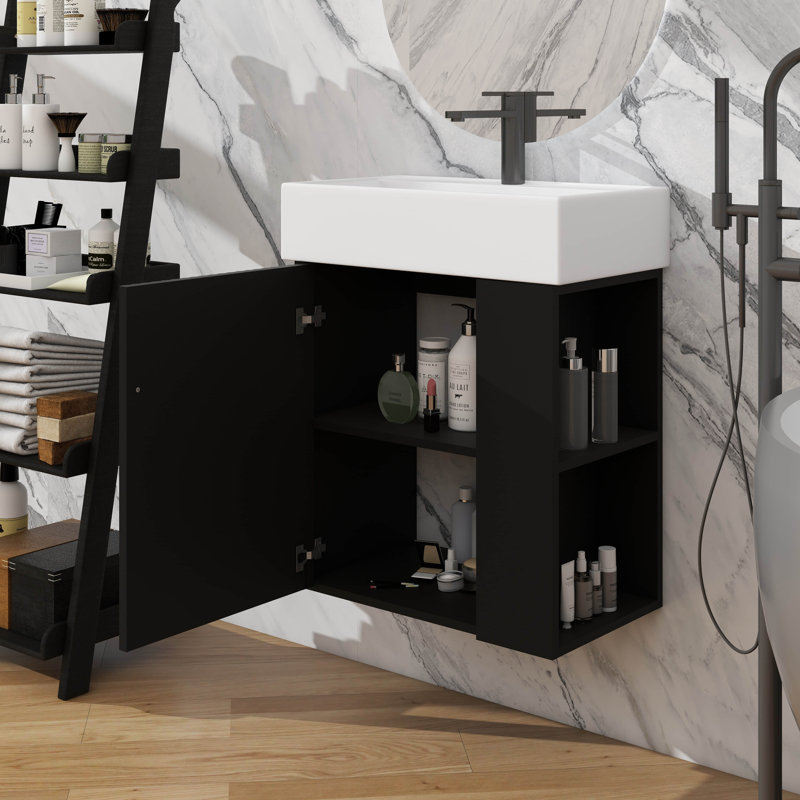 Meuble-lavabo suspendu 21,6 po avec lavabo, pièce murale compacte avec lavabo en céramique, Noir