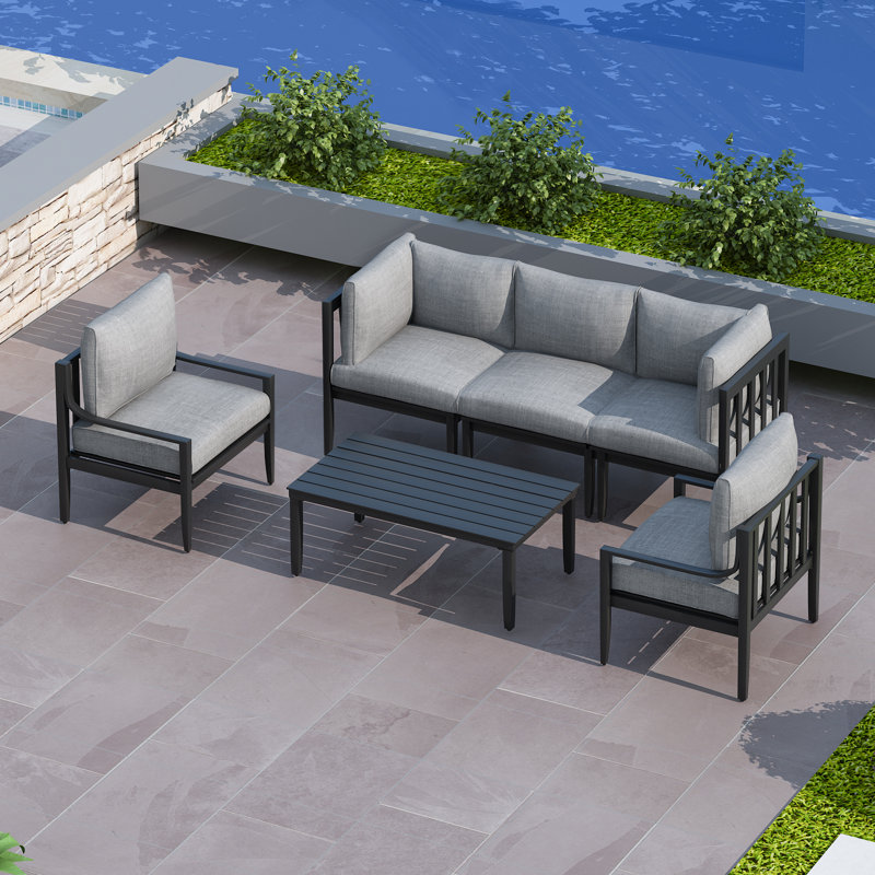 Patio Furniture Set With Cushion, 6 Pcs Aluminum Outdoor Sectional Sofa Set With Chair, Table | All Weather Use Modular Seating Conversation Set For Poolside Backyard, Frame With Cushion