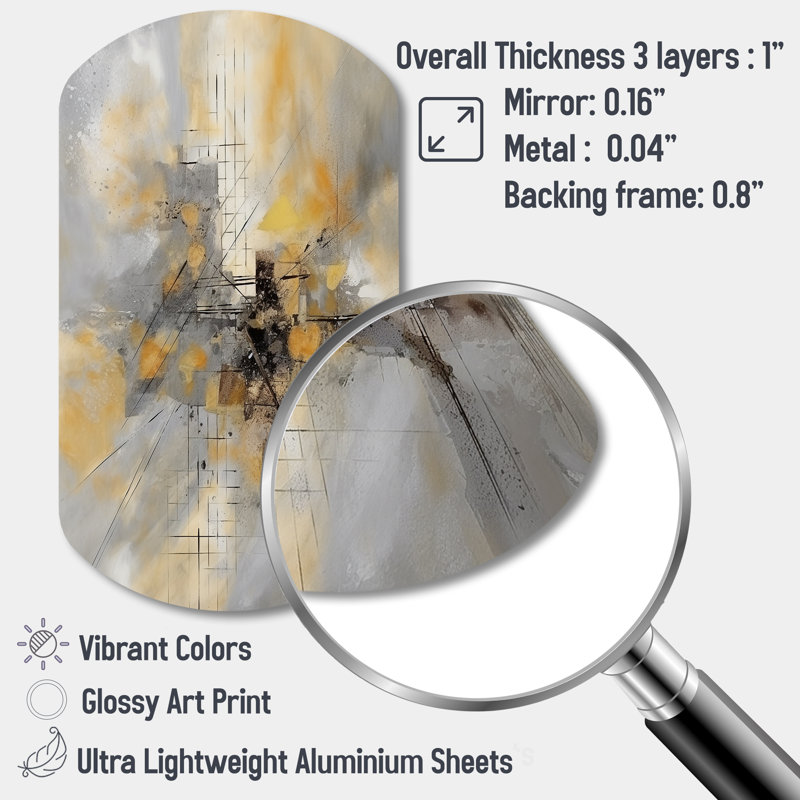 Yellow And Grey Beyond The Canvas I - Abstract Painting Asymmetrical Metal Wall Decor, Yellow Cylinder Metal Art Print
