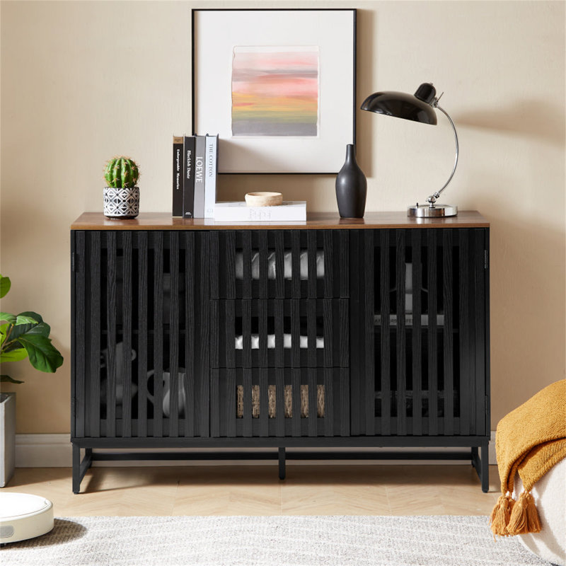 Commode 3 tiroirs et 4 tablettes avec grille à lattes et tiroir rayé
