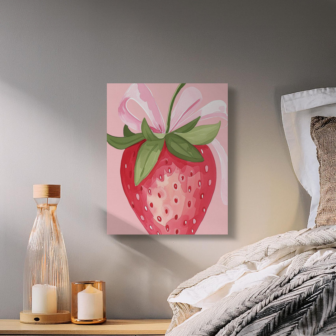 Strawberry Wall Art, Fruit Decor, Pink Bow, Kitchen Art, Sweet Art, Foodie Gift, Wrapped Canvas, Modern Wall Decor, Horizontal Vertical