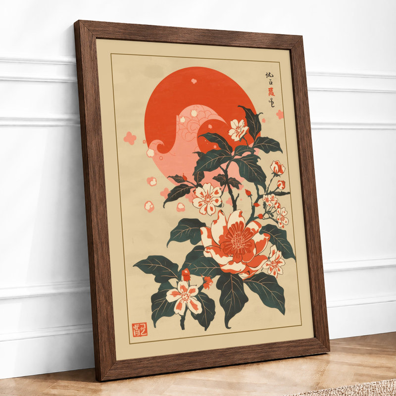 Spider Among Blooms Japandi - Framed Print, A3 - 42.0 x 29.7 cm, Walnut