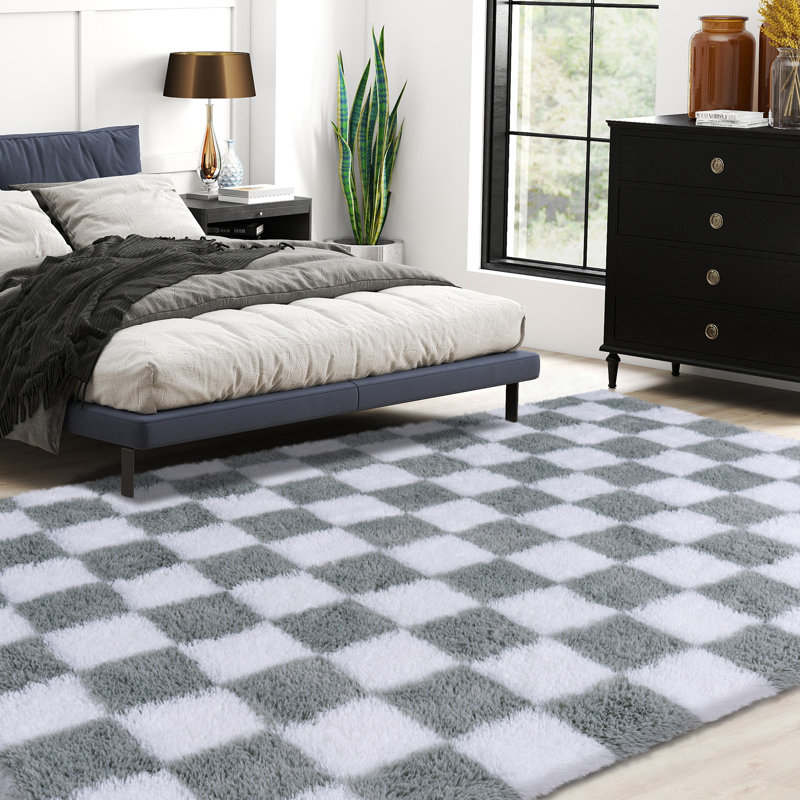 Tapis blanc et gris clair à carreaux antidérapant idéal pour les chambres d'enfants, les zones d'étude et les salons, Blanc