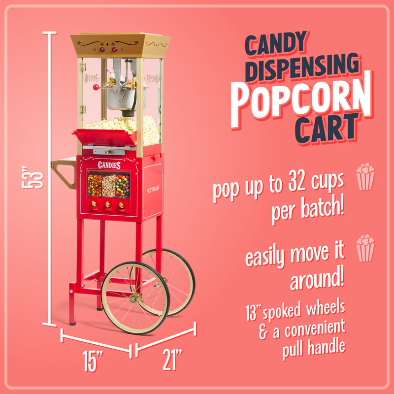 Nostalgia Popcorn Maker Professional Cart, Kettle Makes Up to 32 Cups With Candy Dispenser, Red