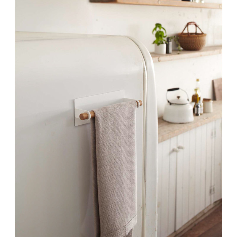 White Magnetic Dish Towel Holder with Wood Accent