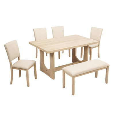 Ensemble de table de salle à manger 6 pièces avec banc, ensemble de table de cuisine rectangulaire en bois avec banc et 4 chaises rembourrées pour le salon, la cuisine, la salle à manger, la base en forme de U, le chêne clair et le beige