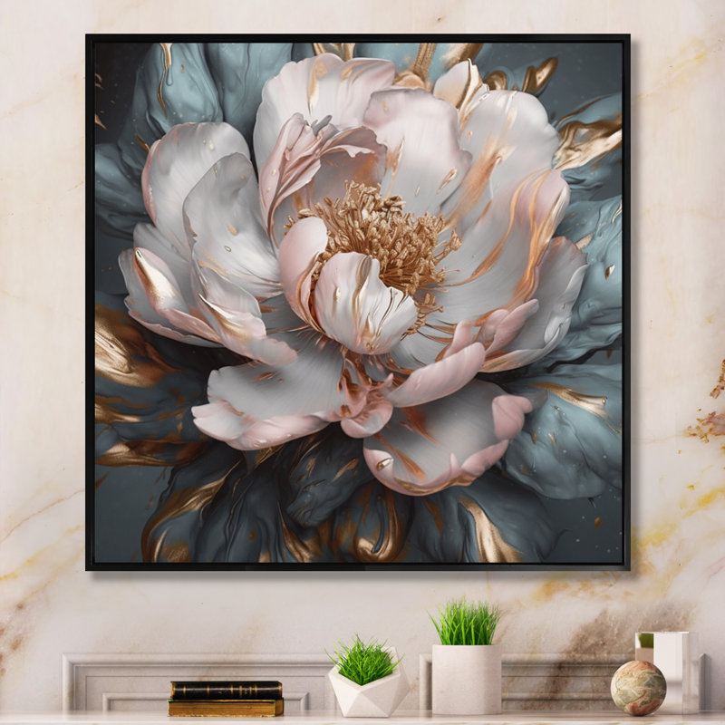 Pivoines roses et grises en fleurs I - impressions florales sur pivoines, H 36 po x l 36 po, Cadre flottant noir