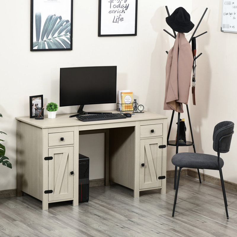Bureau d'ordinateur blanc neige avec rangement, 2 tiroirs et armoires, tablette réglable, pour tiroirs de bureau personnel, style