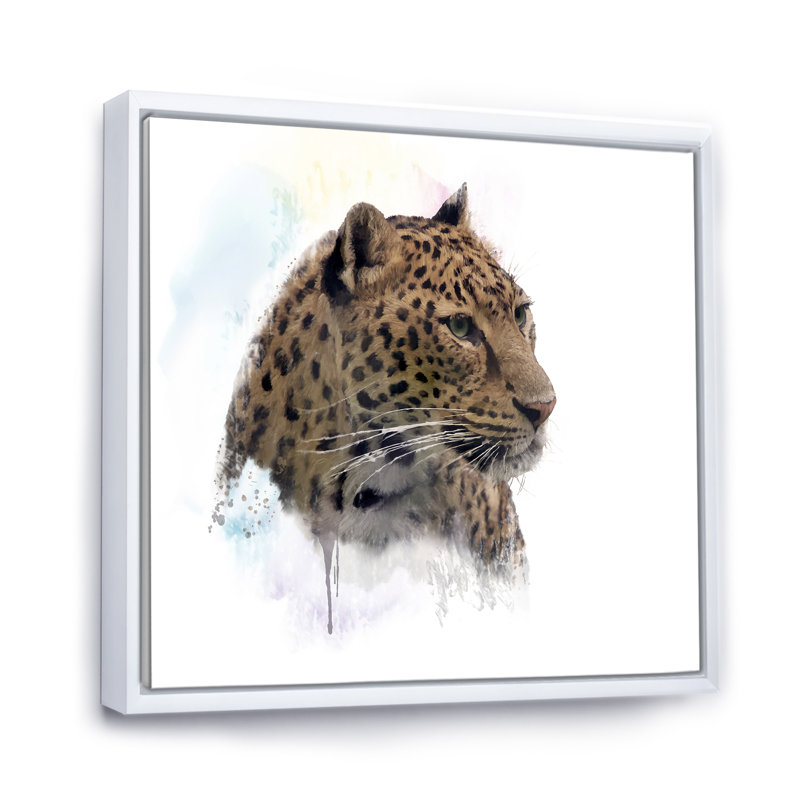 Portrait de léopard - peinture, H 36 po x l 36 po x P 1,5 po, Cadre flottant blanc