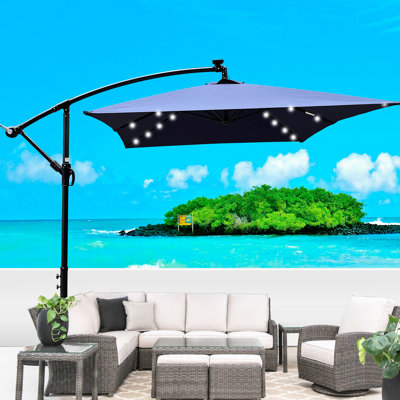 Parasol d'extérieur rectangulaire 2X3m - à énergie solaire, 6 nervures, manivelle et base transversale pour terrasse de jardin avec éclairage à DEL, 40 po et plus, piscine