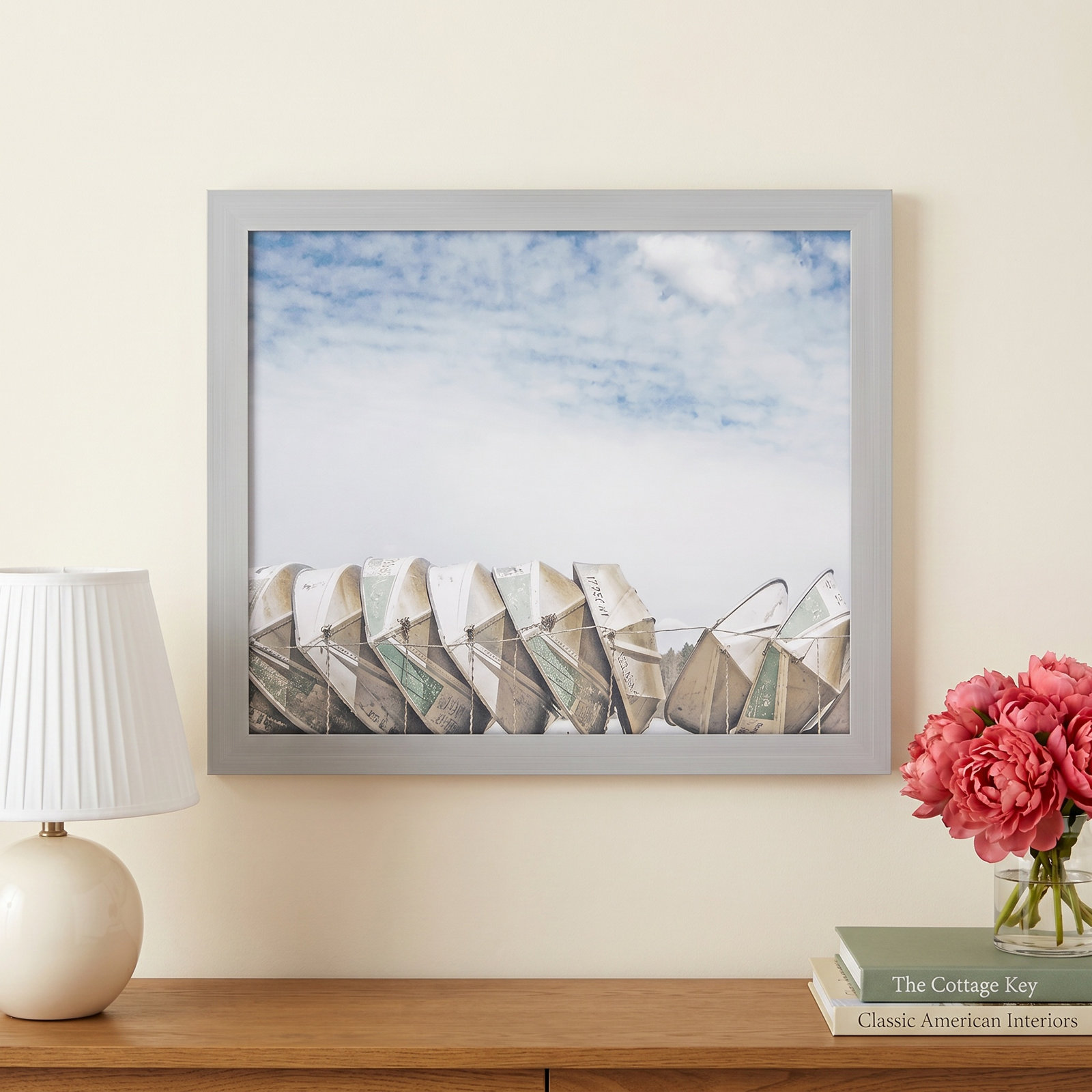 Wooden Boats Framed On Paper by Leah Straatsma Print, Matte Silver, 16" H x 19" W x 1.25" D