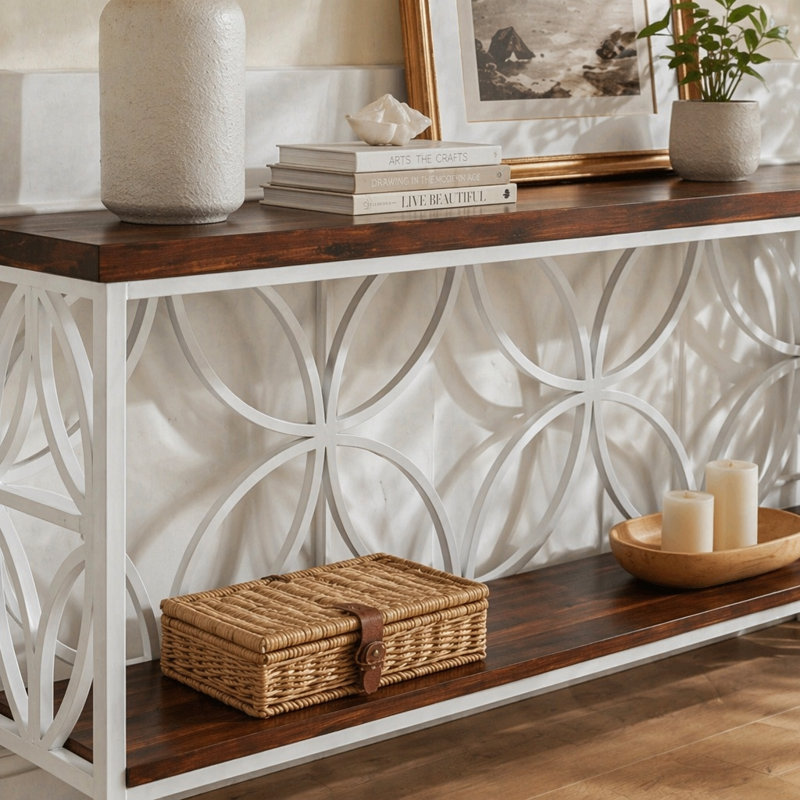 Élégante table basse, canapé de style nordique, console 2 niveaux, Rustique, blanc, Rustique, blanc, Rustic,White