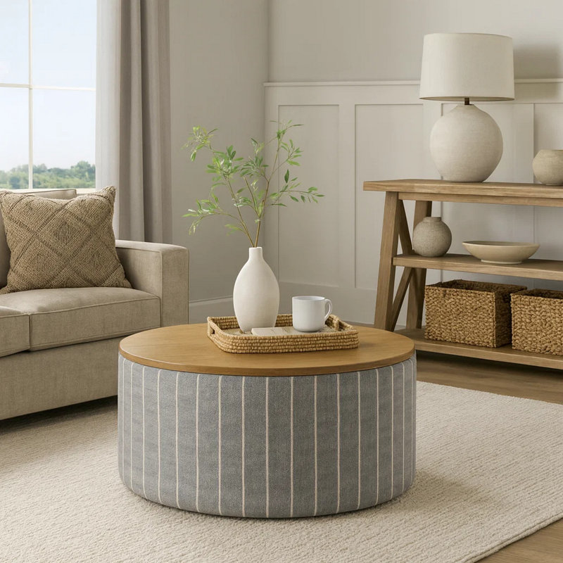 Jena Storage Ottoman, 30 Inch Round Lift Tray Top, Grey Pinstripe