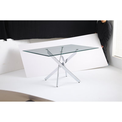 Modern Rectangular Glass Table, 59.06 Inches Of Tempered Glass With A Silver Frame.Kitchen Table Set For Dining Room, Party Table,Conference Table,Living Room,Office,Cafe,Home Kitchen,Bedroom